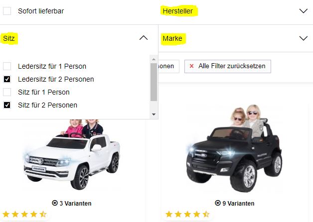 Filterfunktion PC Kinderautos finden 