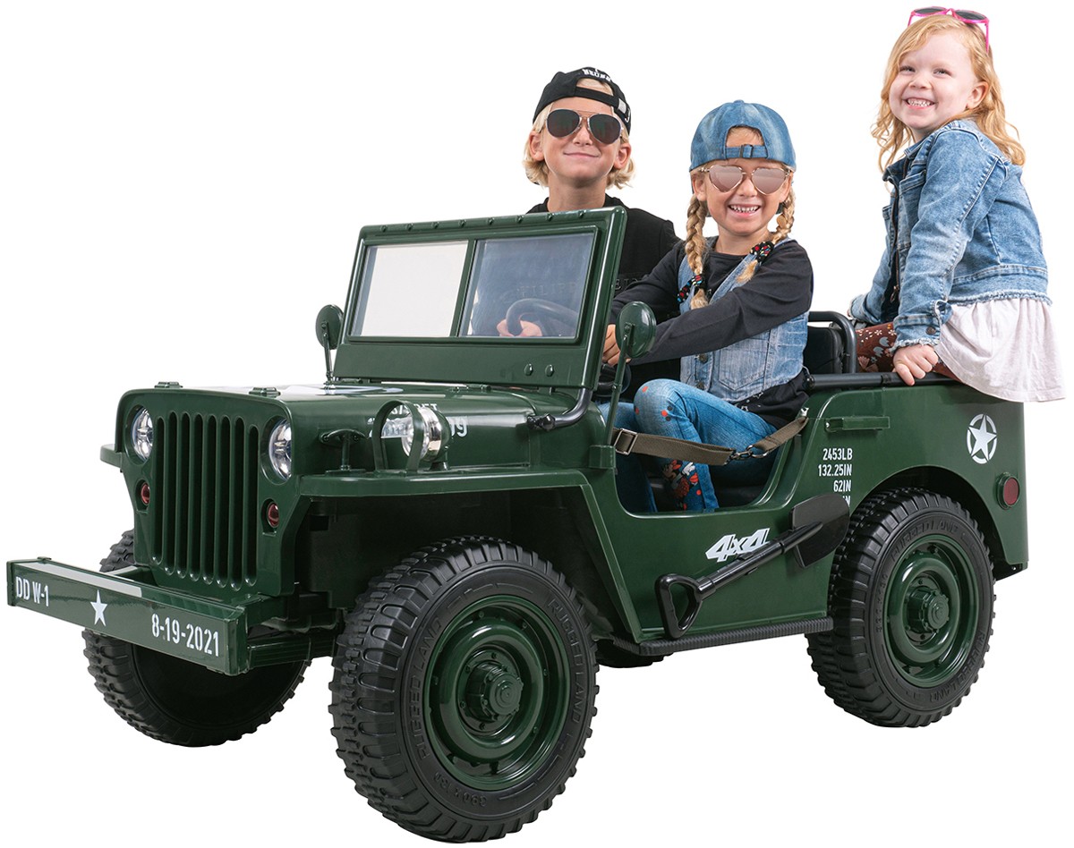 FAQ - Jeep Willys Kinder-Elektroauto, 3 Sitze und 3 Gurte, Schaufel,  Ersatzrad, Federung, Allrad 4x4, LEDs