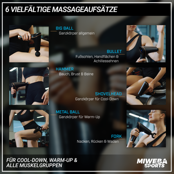 Massagepistolen MM100 und MM200 mit 6 Aufsätzen Sechs Aufsätze für die Massage-Gun
