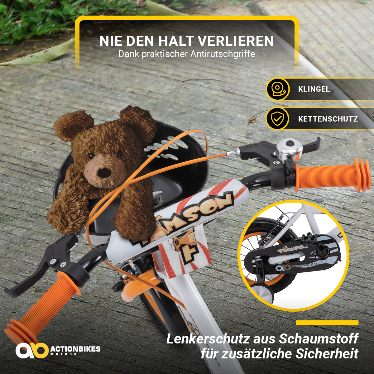 Actionbikes Kinderfahrrad Zombie 12 Zoll, V-Brake-Bremsen,  höhenverstellbar, Stützräder, Reflektoren