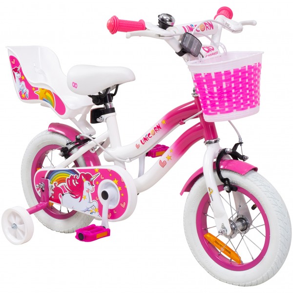 Actionbikes Kinderfahrrad Unicorn 12 Zoll Pink Einhorn Design Puppensitz Stutzrader Fahrradkorb