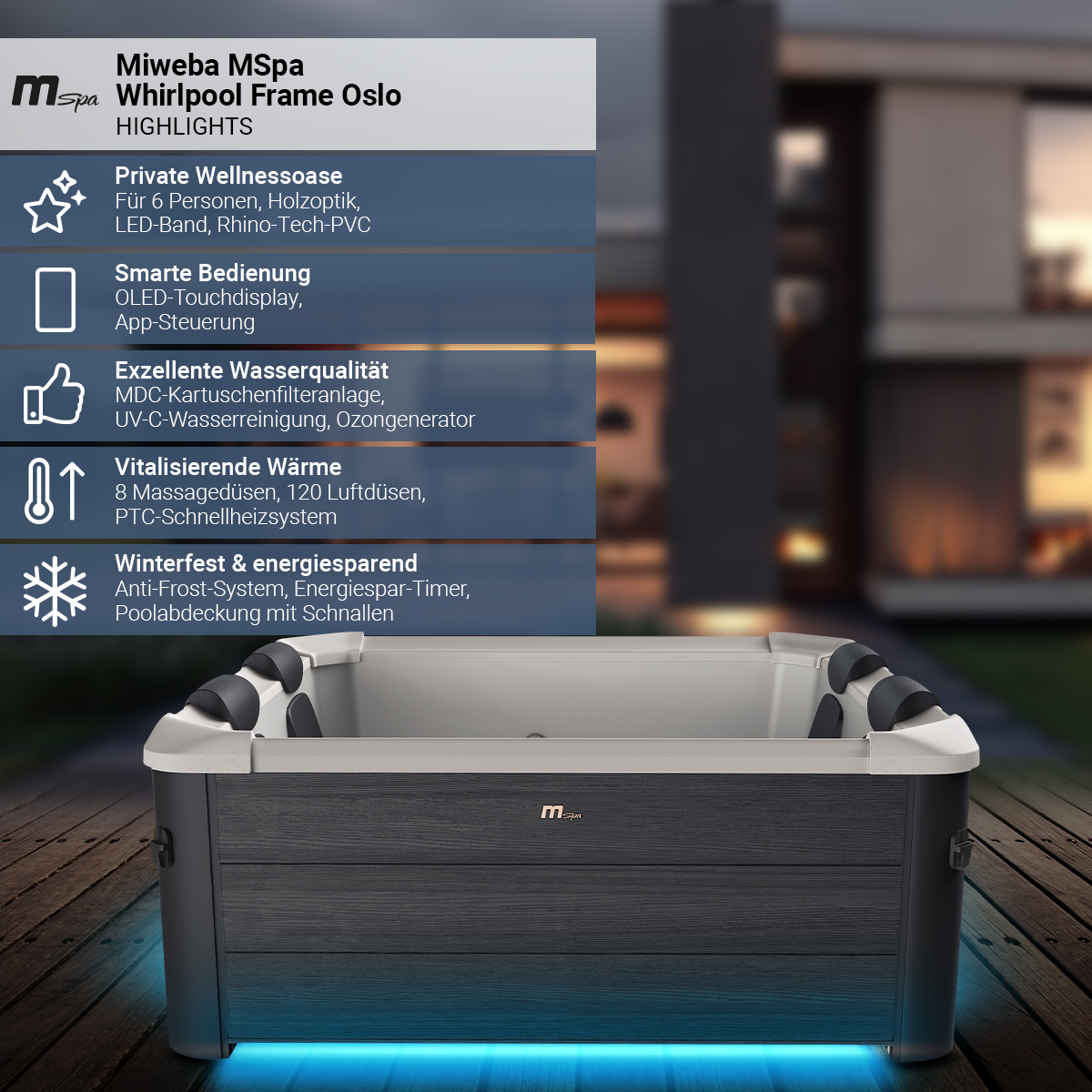 MSpa Whirlpool Frame Oslo eckig & für 6 Personen Miweba