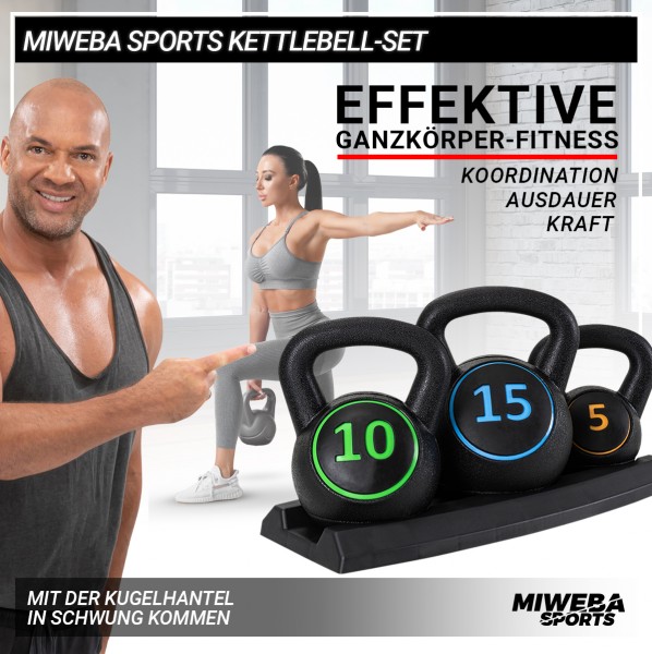Alles in einem Set: Die Kettlebells von Miweba Sports Kettlebell-Hantelset mit Ablage fürs Home-Gym