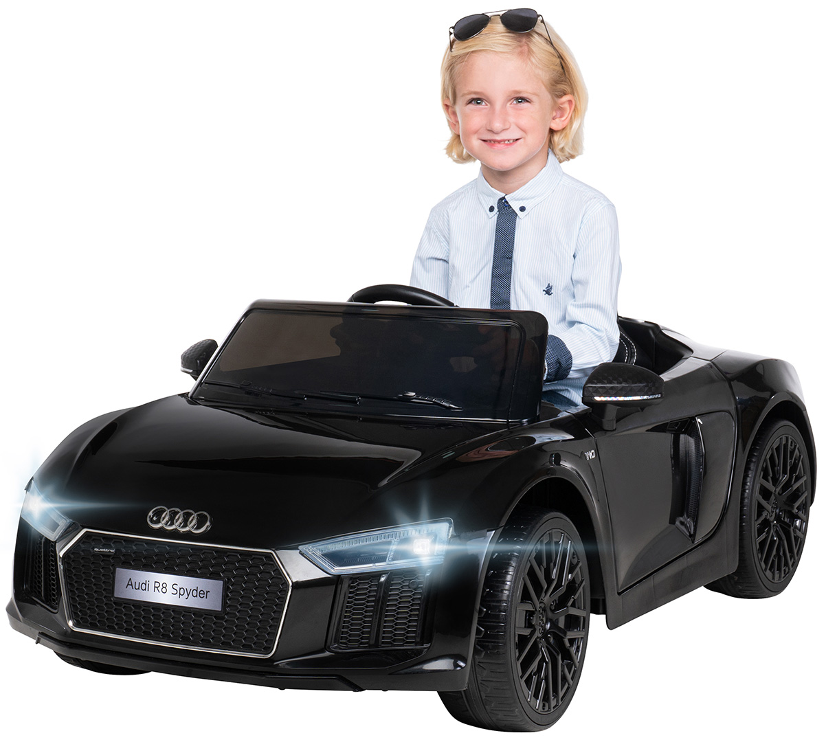 Informationen zu Actionbikes Kinderelektroautos Kleiner Junge in schwarzem Audi R8 Spyder