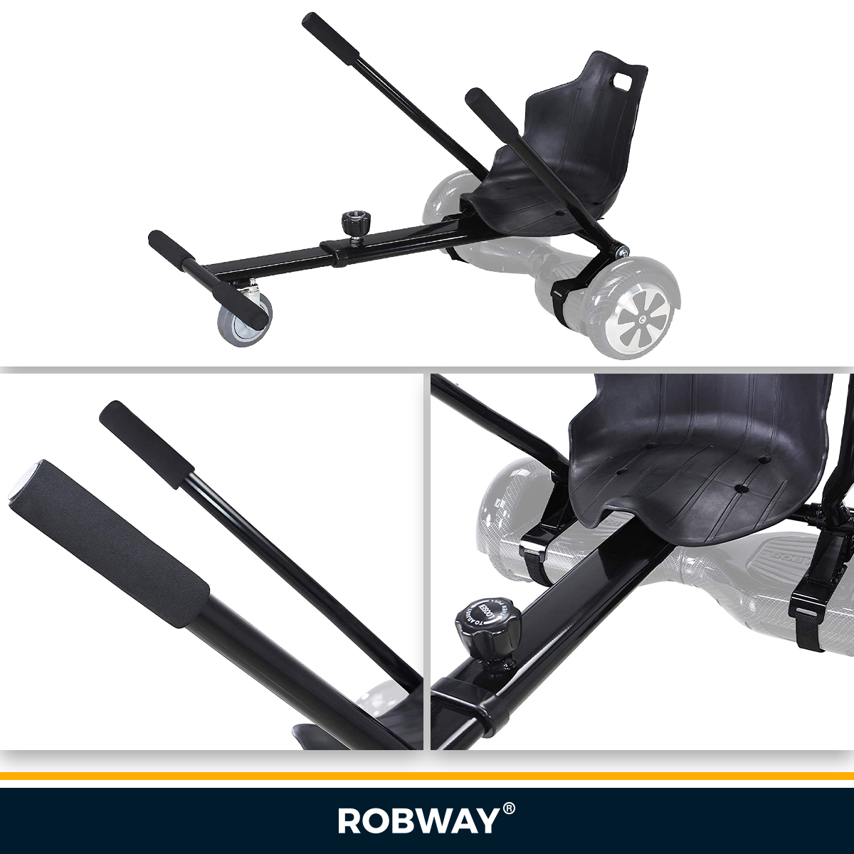 Robway Balance Scooter Kart Hoverkart für W1-W3 & universal - max. 100kg,  Sitz für Hoverboard - Self Balance Scooter - Fußraster verstellbar