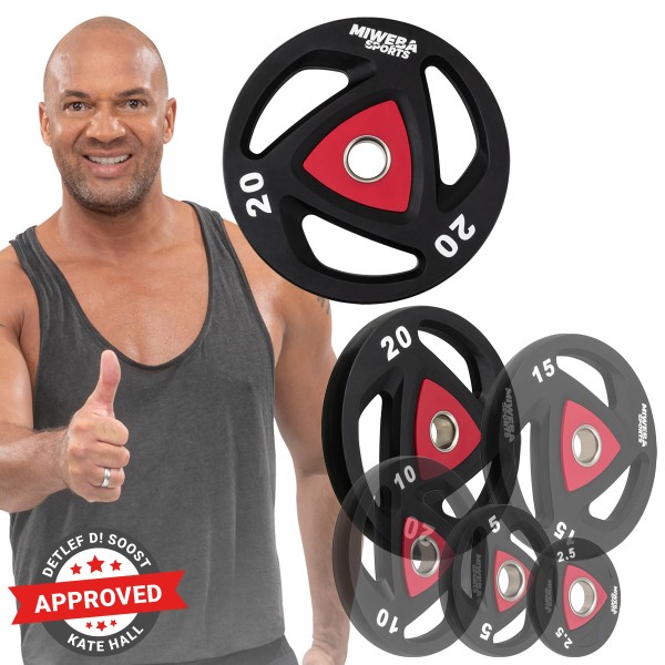 Olympiagewichte in verschiedenen Gewichtsklassen Schwarz-Rote Hantelscheiben von Miweba Sports