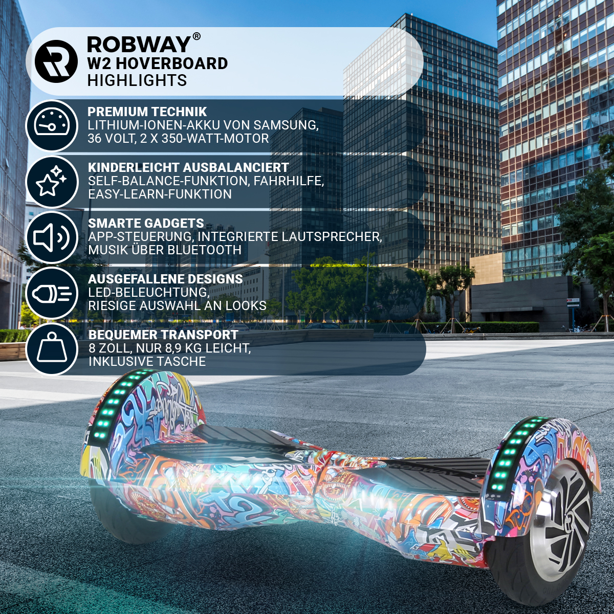 Robway W2 Hoverboard: 8 Zoll für Kinder & Erwachsene